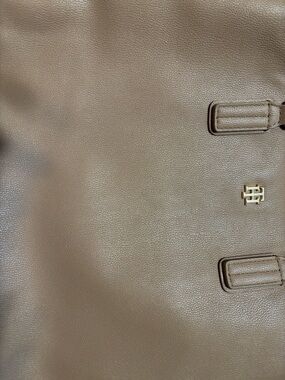 Tommy Hilfiger Taupe Pebble Leather Tote with Gold Logo Accent